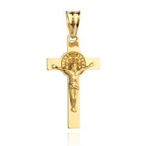 Złota zawieszka krzyżyk z Jezusem benedyktyński 585