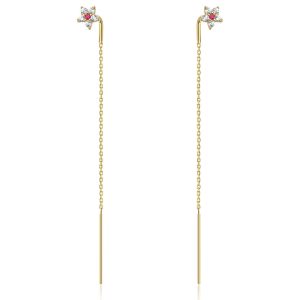 Złote kolczyki wiszące z kwiatami i różową cyrkonią 6 cm 585