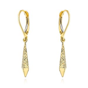 Złote kolczyki wiszące romby z diamentowaniem 585