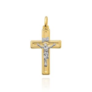 Złoty krzyżyk błyszczący z Jezusem białe złoto 585
