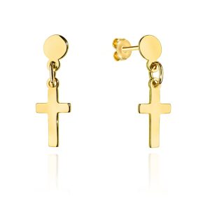 Złote kolczyki wiszące kółko i krzyżyk 585