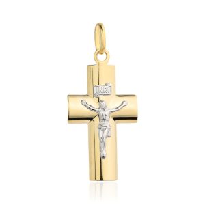 Złoty krzyżyk gładki z Jezusem w białym złocie 585
