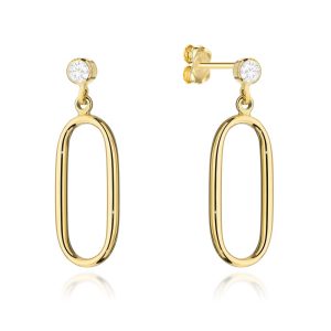 Złote kolczyki wiszące owalne z cyrkonią 585