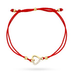 Złota bransoletka serce z cyrkonią na czerwonym sznurku 585