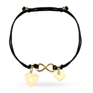 Złota bransoletka stópki nieskończoność i serce na sznurku 585