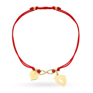 Złota bransoletka stópki nieskończoność serca na sznurku 585