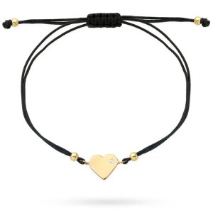 Złota bransoletka serce na czarnym sznureczku 585