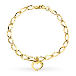 Złota bransoletka szerokie owalne ogniwa z zawieszką serduszko 18cm 585