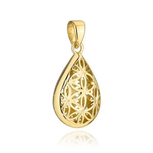 Złota zawieszka ażurowa łezka z kwiatami 585