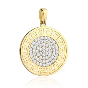Złota zawieszka kółko grecki wzór i cyrkonie 585