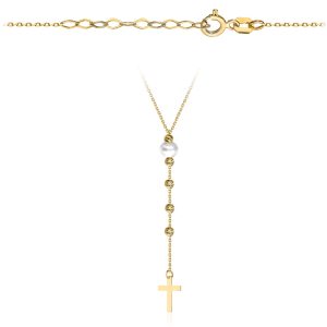 Złoty naszyjnik krawatka perła krzyżyk 42+3cm 585