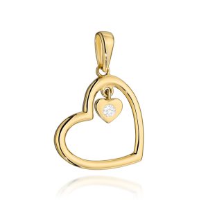Złota zawieszka serce z wiszącym serduszkiem z cyrkonią 585