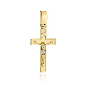 Krzyż złoty satynowy ze zdobieniem z ukrzyżowanym Jezusem 585