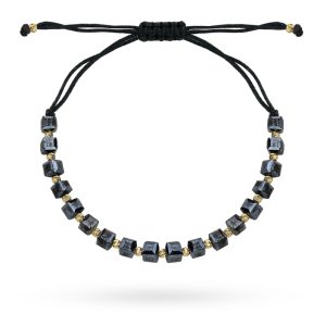 Złota bransoletka na sznurku z grafitowymi kamieniami holo 585