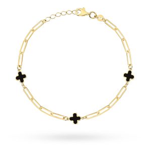 Złota bransoletka długie ogniwa i czarne koniczynki 20cm 585