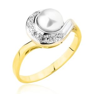 Złoty pierścionek rodowany z perłą cyrkoniami 585