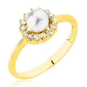 Złoty pierścionek z perłą i cyrkoniami 585