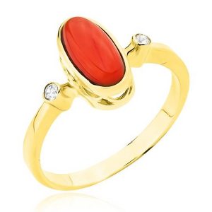 Złoty pierścionek z koralem i cyrkoniami 585