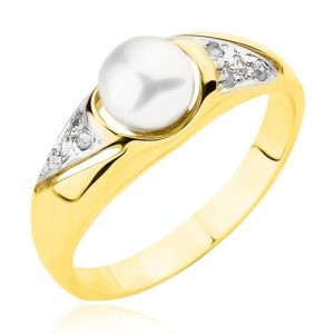 Złoty pierścionek rodowany z perłą i cyrkoniami 585