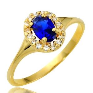 Złoty pierścionek z szafirem i cyrkoniami 6x4 585
