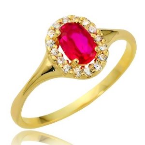 Złoty pierścionek z rubinem i cyrkoniami 6x4 585
