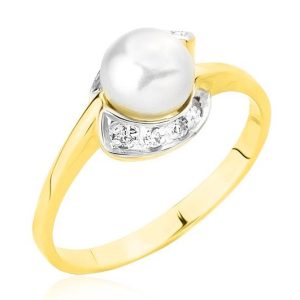 Złoty pierścionek z perłą i cyrkoniami 585