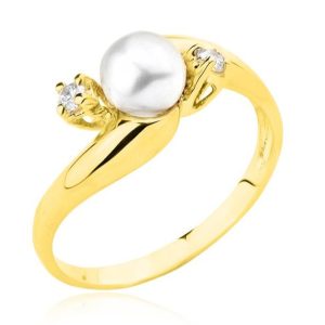 Złoty pierścionek z perłą i cyrkoniami 585