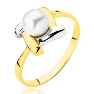 Złoty pierścionek pleciony z białym złotem i perłą 585