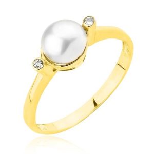 Złoty pierścionek z perłą i cyrkoniami 585