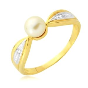 Złoty pierścionek rodowany z perłą i cyrkoniami 585