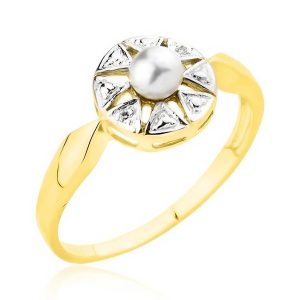 Złoty pierścionek rodowany z perłą 585