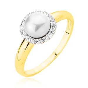 Złoty pierścionek rodowany z perłą i cyrkoniami 585