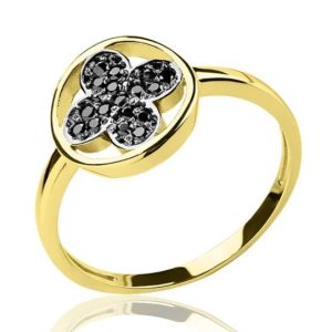 Złoty pierścionek koniczynka z czarnymi cyrkoniami 585