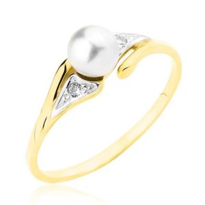 Złoty pierścionek rodowany z perłą i cyrkoniami 585