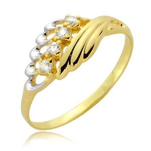 Złoty pierścionek rodowany z cyrkoniami pawie pióra 585