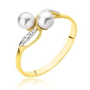 Złoty pierścionek rodowany z perłą i cyrkoniami 585