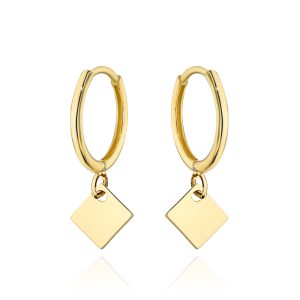 Złote kolczyki kółeczko z wiszącym rombem 585