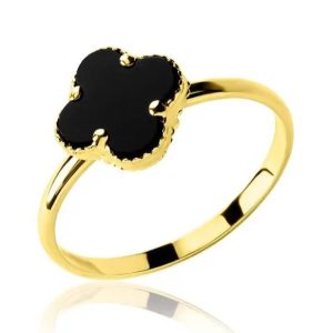 Złoty pierścionek koniczynka czarny agat większa 585 Biżuteria Gabor