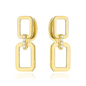 Złote kolczyki prostokąty z cyrkoniami na kreolu 585
