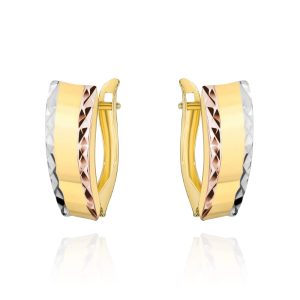 Złote kolczyki z diamentowanymi brzegami w trzech kolorach złota 585