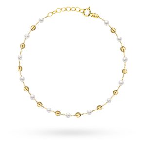 Złota bransoletka gładkie kulki i perły 17+2cm 585