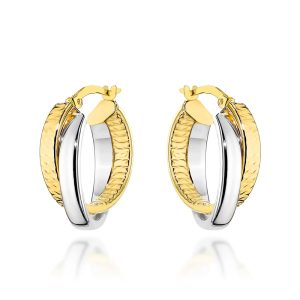 Złote kolczyki splecione kółeczka z diamentowaniem w dwóch kolorach złota 585