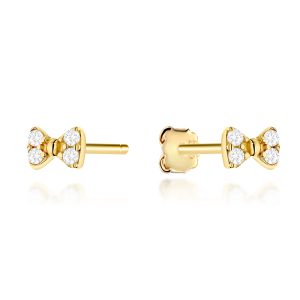 Złote kolczyki kokardki zdobione cyrkoniami na sztyfcie 585