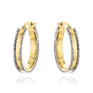 Złote kolczyki kółka zdobione na brzegach w dwóch kolorach złota 585