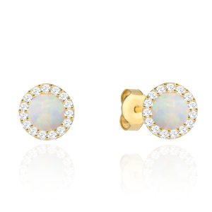 Złote kolczyki kółeczka z opalem i cyrkoniami 585