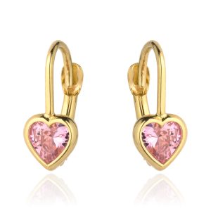 Złote kolczyki różowe serce na biglu 585