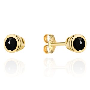 Złote kolczyki kółka sztyft z czarnym kamieniem 585