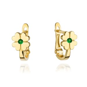 Złote kolczyki koniczynka z zieloną cyrkonią 585