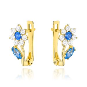 Złote kolczyki kwiatki z niebieskimi cyrkoniami 585