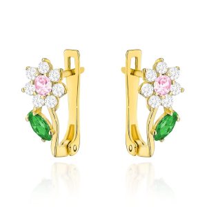 Złote kolczyki kwiatki z różową i zieloną cyrkonią 585